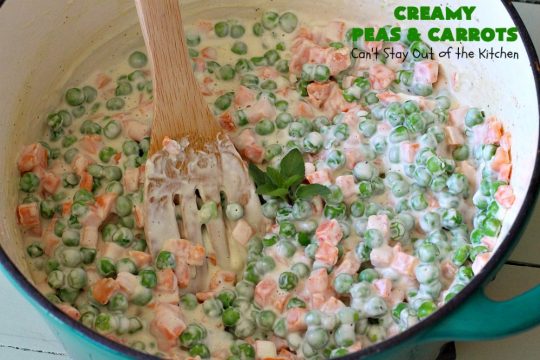 Creamy Peas and Carrots | Can't Stay Out of the Kitchen | this quick & easy #recipe can be ready to serve in 10 minutes! It's mouthwatering & sumptuous. It's also wonderful for weeknight meals when you're in a hurry. Great for #holiday dinners like #Thanksgiving or #Christmas too. #Peas #carrots #GlutenFree #CreamyPeasAndCarrots #HolidaySideDish #GlutenFreeSideDish #CreamCheese