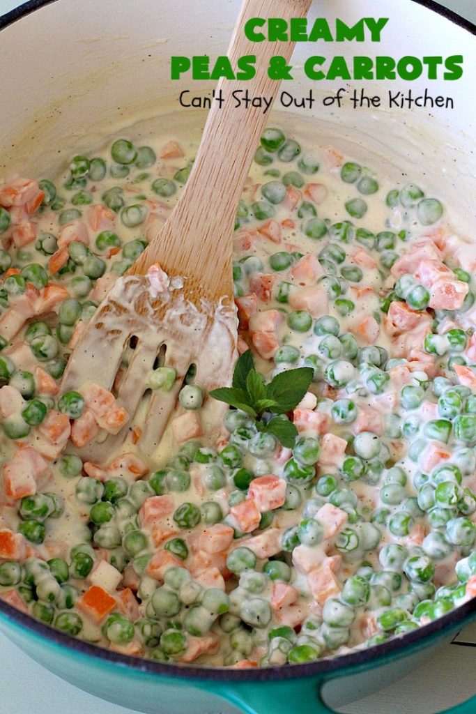 Creamy Peas and Carrots | Can't Stay Out of the Kitchen | this quick & easy #recipe can be ready to serve in 10 minutes! It's mouthwatering & sumptuous. It's also wonderful for weeknight meals when you're in a hurry. Great for #holiday dinners like #Thanksgiving or #Christmas too. #Peas #carrots #GlutenFree #CreamyPeasAndCarrots #HolidaySideDish #GlutenFreeSideDish #CreamCheese
