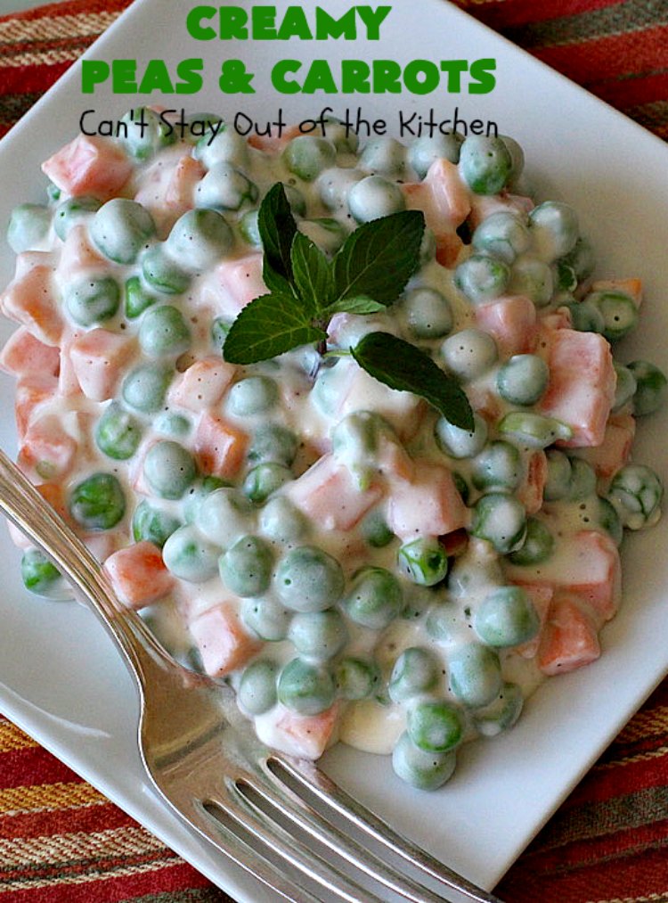 Creamy Peas and Carrots | Can't Stay Out of the Kitchen | this quick & easy #recipe can be ready to serve in 10 minutes! It's mouthwatering & sumptuous. It's also wonderful for weeknight meals when you're in a hurry. Great for #holiday dinners like #Thanksgiving or #Christmas too. #Peas #carrots #GlutenFree #CreamyPeasAndCarrots #HolidaySideDish #GlutenFreeSideDish #CreamCheese