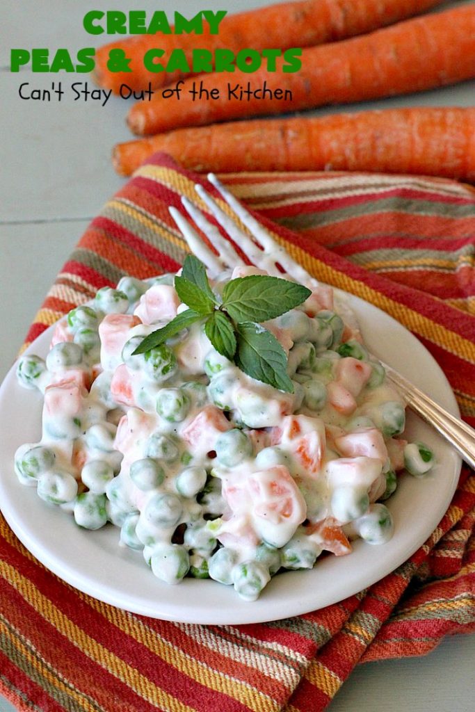 Creamy Peas and Carrots | Can't Stay Out of the Kitchen | this quick & easy #recipe can be ready to serve in 10 minutes! It's mouthwatering & sumptuous. It's also wonderful for weeknight meals when you're in a hurry. Great for #holiday dinners like #Thanksgiving or #Christmas too. #Peas #carrots #GlutenFree #CreamyPeasAndCarrots #HolidaySideDish #GlutenFreeSideDish #CreamCheese
