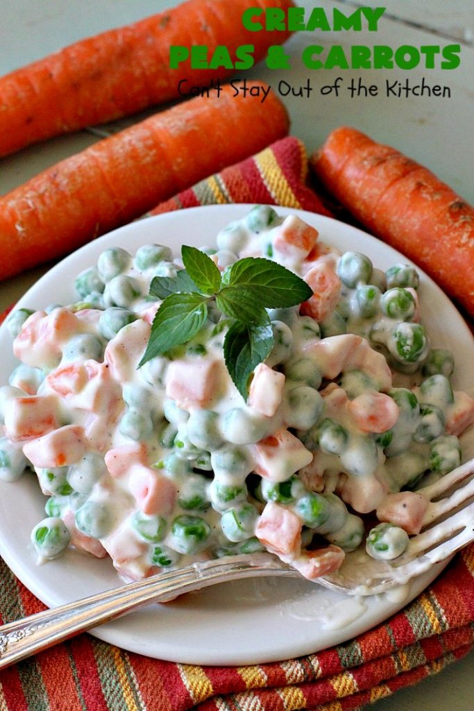 Creamy Peas and Carrots | Can't Stay Out of the Kitchen | this quick & easy #recipe can be ready to serve in 10 minutes! It's mouthwatering & sumptuous. It's also wonderful for weeknight meals when you're in a hurry. Great for #holiday dinners like #Thanksgiving or #Christmas too. #Peas #carrots #GlutenFree #CreamyPeasAndCarrots #HolidaySideDish #GlutenFreeSideDish #CreamCheese