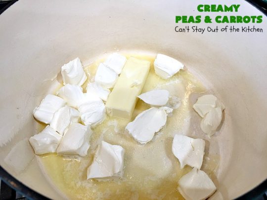 Creamy Peas and Carrots | Can't Stay Out of the Kitchen | this quick & easy #recipe can be ready to serve in 10 minutes! It's mouthwatering & sumptuous. It's also wonderful for weeknight meals when you're in a hurry. Great for #holiday dinners like #Thanksgiving or #Christmas too. #Peas #carrots #GlutenFree #CreamyPeasAndCarrots #HolidaySideDish #GlutenFreeSideDish #CreamCheese