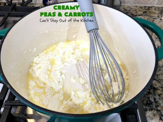 Creamy Peas and Carrots | Can't Stay Out of the Kitchen | this quick & easy #recipe can be ready to serve in 10 minutes! It's mouthwatering & sumptuous. It's also wonderful for weeknight meals when you're in a hurry. Great for #holiday dinners like #Thanksgiving or #Christmas too. #Peas #carrots #GlutenFree #CreamyPeasAndCarrots #HolidaySideDish #GlutenFreeSideDish #CreamCheese