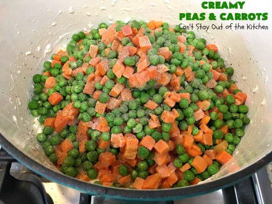 Creamy Peas and Carrots | Can't Stay Out of the Kitchen | this quick & easy #recipe can be ready to serve in 10 minutes! It's mouthwatering & sumptuous. It's also wonderful for weeknight meals when you're in a hurry. Great for #holiday dinners like #Thanksgiving or #Christmas too. #Peas #carrots #GlutenFree #CreamyPeasAndCarrots #HolidaySideDish #GlutenFreeSideDish #CreamCheese