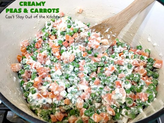 Creamy Peas and Carrots | Can't Stay Out of the Kitchen | this quick & easy #recipe can be ready to serve in 10 minutes! It's mouthwatering & sumptuous. It's also wonderful for weeknight meals when you're in a hurry. Great for #holiday dinners like #Thanksgiving or #Christmas too. #Peas #carrots #GlutenFree #CreamyPeasAndCarrots #HolidaySideDish #GlutenFreeSideDish #CreamCheese