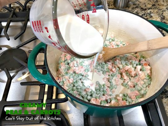 Creamy Peas and Carrots | Can't Stay Out of the Kitchen | this quick & easy #recipe can be ready to serve in 10 minutes! It's mouthwatering & sumptuous. It's also wonderful for weeknight meals when you're in a hurry. Great for #holiday dinners like #Thanksgiving or #Christmas too. #Peas #carrots #GlutenFree #CreamyPeasAndCarrots #HolidaySideDish #GlutenFreeSideDish #CreamCheese