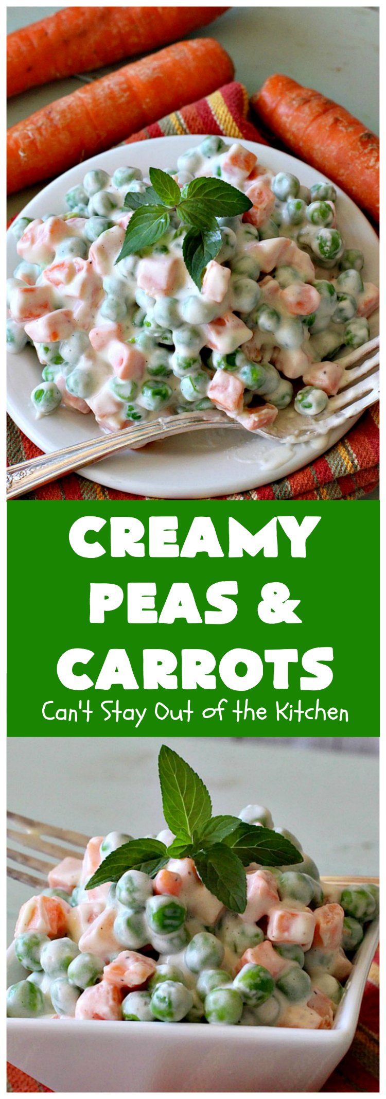 Creamy Peas and Carrots | Can't Stay Out of the Kitchen | this quick & easy #recipe can be ready to serve in 10 minutes! It's mouthwatering & sumptuous. It's also wonderful for weeknight meals when you're in a hurry. Great for #holiday dinners like #Thanksgiving or #Christmas too. #Peas #carrots #GlutenFree #CreamyPeasAndCarrots #HolidaySideDish #GlutenFreeSideDish #CreamCheese