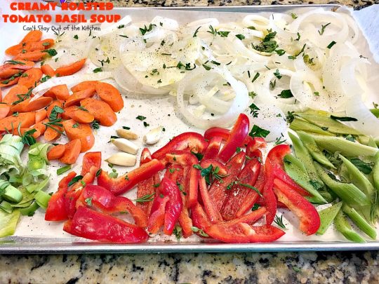 Creamy Roasted Tomato Basil Soup | Can't Stay Out of the Kitchen | dynamite #soup starts with roasted #tomatoes & veggies. This wonderful comfort food is perfect for cool, fall nights. #glutenfree #parmesancheese
