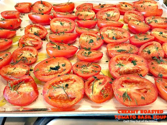 Creamy Roasted Tomato Basil Soup | Can't Stay Out of the Kitchen | dynamite #soup starts with roasted #tomatoes & veggies. This wonderful comfort food is perfect for cool, fall nights. #glutenfree #parmesancheese