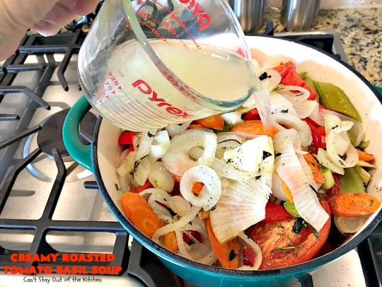 Creamy Roasted Tomato Basil Soup | Can't Stay Out of the Kitchen | dynamite #soup starts with roasted #tomatoes & veggies. This wonderful comfort food is perfect for cool, fall nights. #glutenfree #parmesancheese