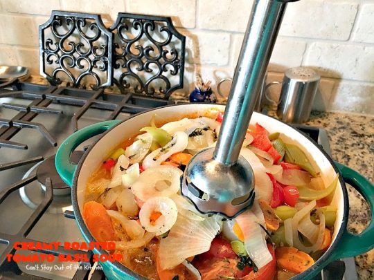 Creamy Roasted Tomato Basil Soup | Can't Stay Out of the Kitchen | dynamite #soup starts with roasted #tomatoes & veggies. This wonderful comfort food is perfect for cool, fall nights. #glutenfree #parmesancheese
