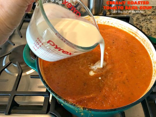Creamy Roasted Tomato Basil Soup | Can't Stay Out of the Kitchen | dynamite #soup starts with roasted #tomatoes & veggies. This wonderful comfort food is perfect for cool, fall nights. #glutenfree #parmesancheese