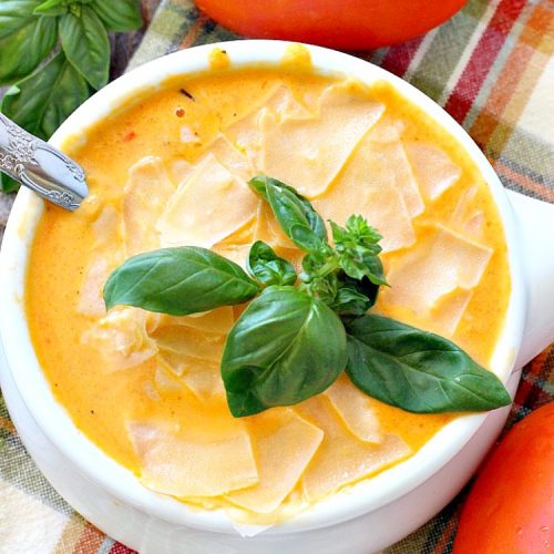 Creamy Roasted Tomato Basil Soup | Can't Stay Out of the Kitchen | dynamite #soup starts with roasted #tomatoes & veggies. This wonderful comfort food is perfect for cool, fall nights. #glutenfree #parmesancheese