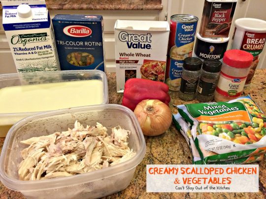 Creamy Scalloped Chicken and Vegetables | Can't Stay Out of the Kitchen | this wonderful #chicken #casserole makes 2 large dishes. Eat one now and freeze one for later! #freezermeal #pasta #veggies