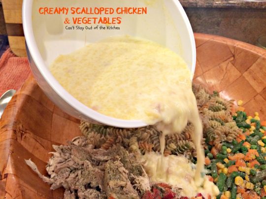 Creamy Scalloped Chicken and Vegetables | Can't Stay Out of the Kitchen | this wonderful #chicken #casserole makes 2 large dishes. Eat one now and freeze one for later! #freezermeal #pasta #veggies