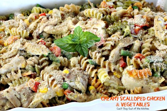 Creamy Scalloped Chicken and Vegetables | Can't Stay Out of the Kitchen | this wonderful #chicken #casserole makes 2 large dishes. Eat one now and freeze one for later! #freezermeal #pasta #veggies