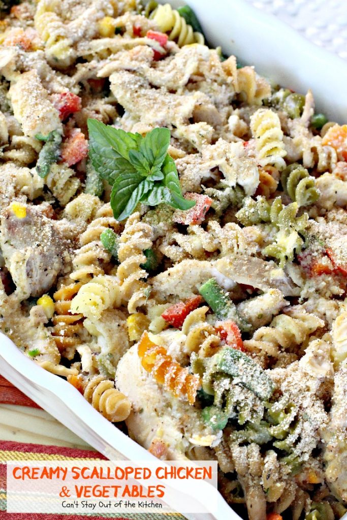 Creamy Scalloped Chicken and Vegetables | Can't Stay Out of the Kitchen | this wonderful #chicken #casserole makes 2 large dishes. Eat one now and freeze one for later! #freezermeal #pasta #veggies