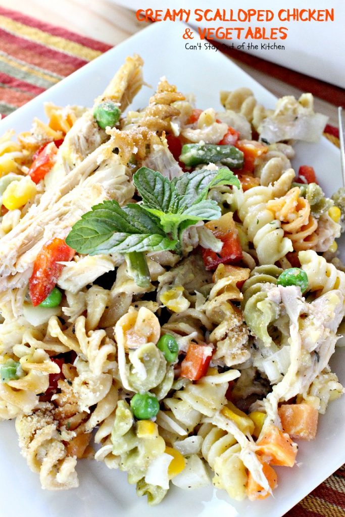 Creamy Scalloped Chicken and Vegetables | Can't Stay Out of the Kitchen | this wonderful #chicken #casserole makes 2 large dishes. Eat one now and freeze one for later! #freezermeal #pasta #veggies