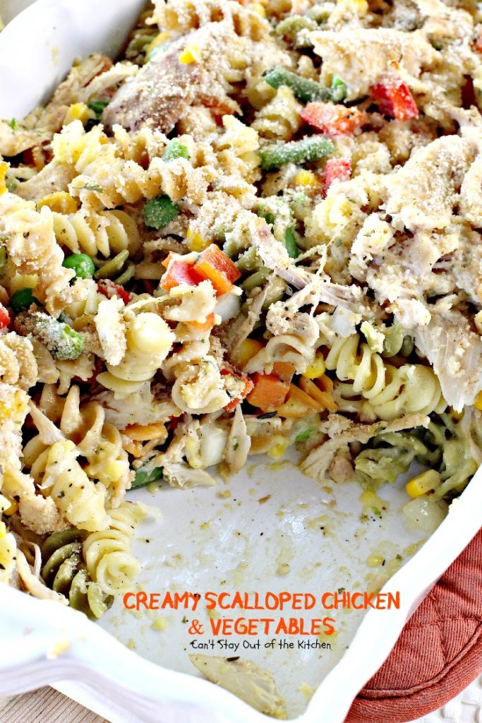 Creamy Scalloped Chicken and Vegetables | Can't Stay Out of the Kitchen | this wonderful #chicken #casserole makes 2 large dishes. Eat one now and freeze one for later! #freezermeal #pasta #veggies