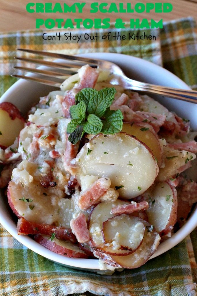 Creamy Scalloped Potatoes and Ham | Can't Stay Out of the Kitchen | this easy & delicious #casserole is a terrific way to use up leftover #ham from the #holidays. The ingredients are layered. You don't have to pre-make the sauce. This family favorite #recipe is wonderful comfort food especially in cold, winter months. #potatoes #pork #HamandScallopedPotatoes #ScallopedPotatoes