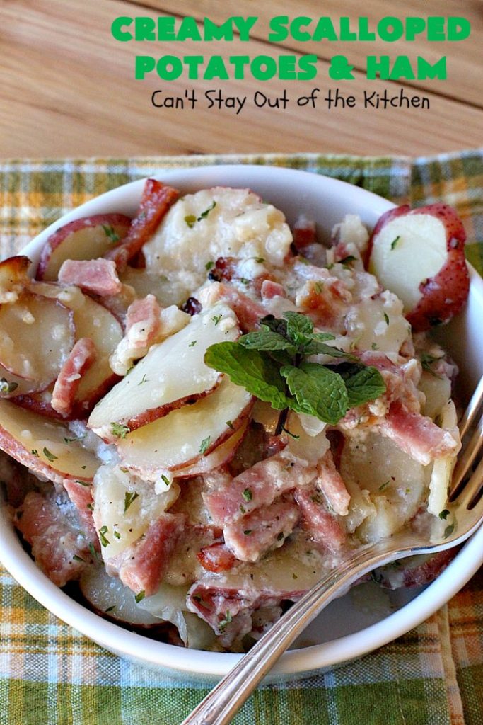 Creamy Scalloped Potatoes and Ham | Can't Stay Out of the Kitchen | this easy & delicious #casserole is a terrific way to use up leftover #ham from the #holidays. The ingredients are layered. You don't have to pre-make the sauce. This family favorite #recipe is wonderful comfort food especially in cold, winter months. #potatoes #pork #HamandScallopedPotatoes #ScallopedPotatoes