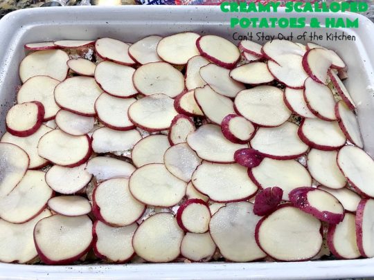 Creamy Scalloped Potatoes and Ham | Can't Stay Out of the Kitchen | this easy & delicious #casserole is a terrific way to use up leftover #ham from the #holidays. The ingredients are layered. You don't have to pre-make the sauce. This family favorite #recipe is wonderful comfort food especially in cold, winter months. #potatoes #pork #HamandScallopedPotatoes #ScallopedPotatoes