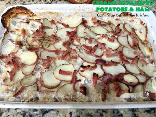 Creamy Scalloped Potatoes and Ham | Can't Stay Out of the Kitchen | this easy & delicious #casserole is a terrific way to use up leftover #ham from the #holidays. The ingredients are layered. You don't have to pre-make the sauce. This family favorite #recipe is wonderful comfort food especially in cold, winter months. #potatoes #pork #HamandScallopedPotatoes #ScallopedPotatoes
