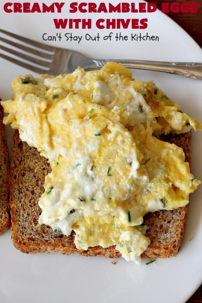Creamy Scrambled Eggs with Chives | Can't Stay Out of the Kitchen | this outstanding #GooseberryPatch #recipe is marvelous for a weekend, company or #holiday #breakfast. #ScrambledEggs are filled with #CreamCheese & chives. Then served over toast. These creamy #eggs are easy to prepare & so delicious. #brunch #HolidayBreakfast #CreamyScrambledEggsWithChives