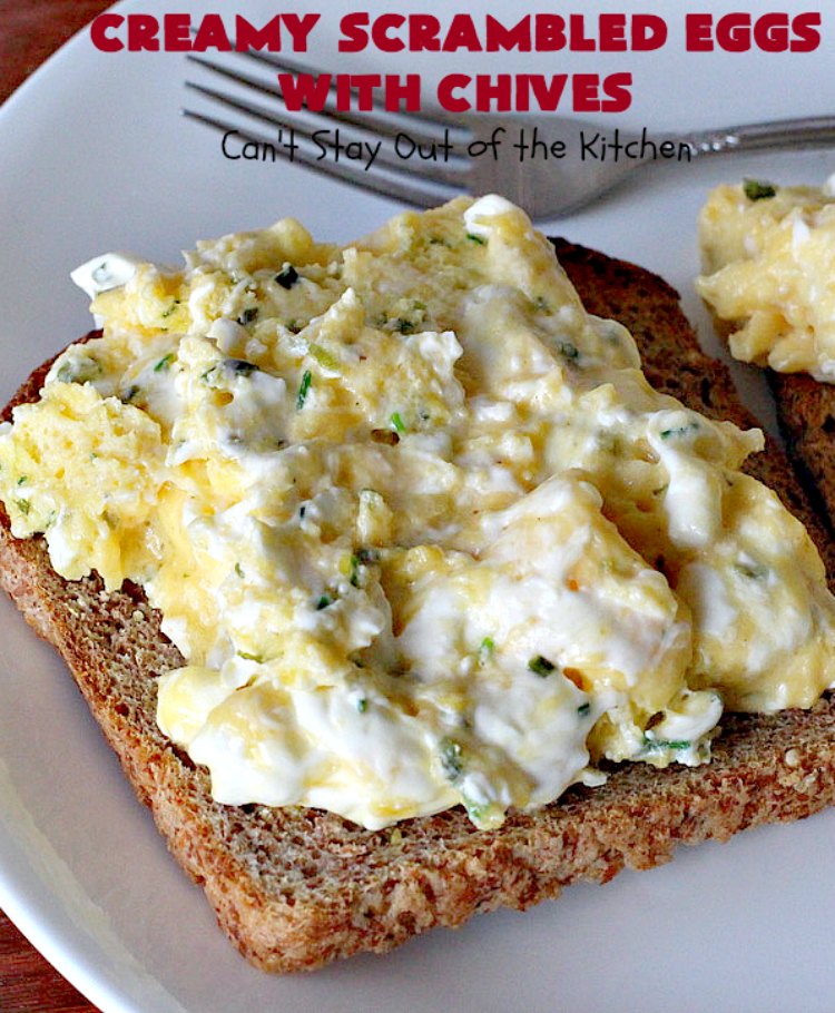 Creamy Scrambled Eggs with Chives | Can't Stay Out of the Kitchen | this outstanding #GooseberryPatch #recipe is marvelous for a weekend, company or #holiday #breakfast. #ScrambledEggs are filled with #CreamCheese & chives. Then served over toast. These creamy #eggs are easy to prepare & so delicious. #brunch #HolidayBreakfast #CreamyScrambledEggsWithChives