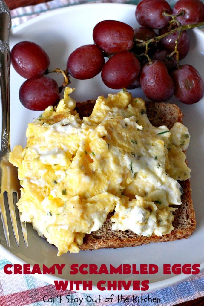 Creamy Scrambled Eggs with Chives | Can't Stay Out of the Kitchen | this outstanding #GooseberryPatch #recipe is marvelous for a weekend, company or #holiday #breakfast. #ScrambledEggs are filled with #CreamCheese & chives. Then served over toast. These creamy #eggs are easy to prepare & so delicious. #brunch #HolidayBreakfast #CreamyScrambledEggsWithChives