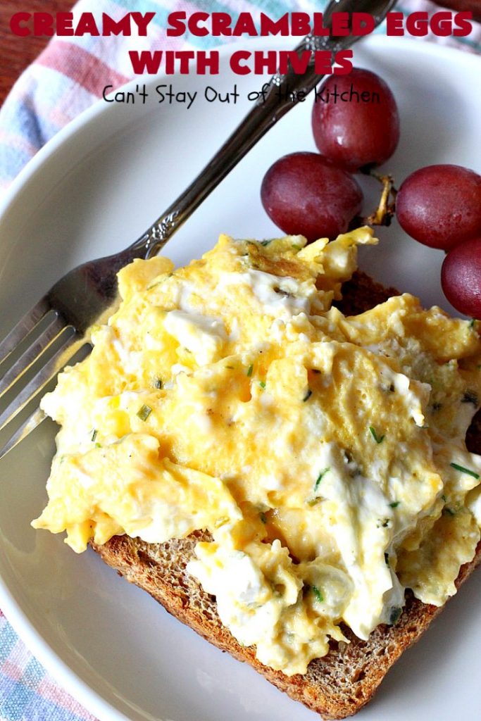 Creamy Scrambled Eggs with Chives | Can't Stay Out of the Kitchen | this outstanding #GooseberryPatch #recipe is marvelous for a weekend, company or #holiday #breakfast. #ScrambledEggs are filled with #CreamCheese & chives. Then served over toast. These creamy #eggs are easy to prepare & so delicious. #brunch #HolidayBreakfast #CreamyScrambledEggsWithChives