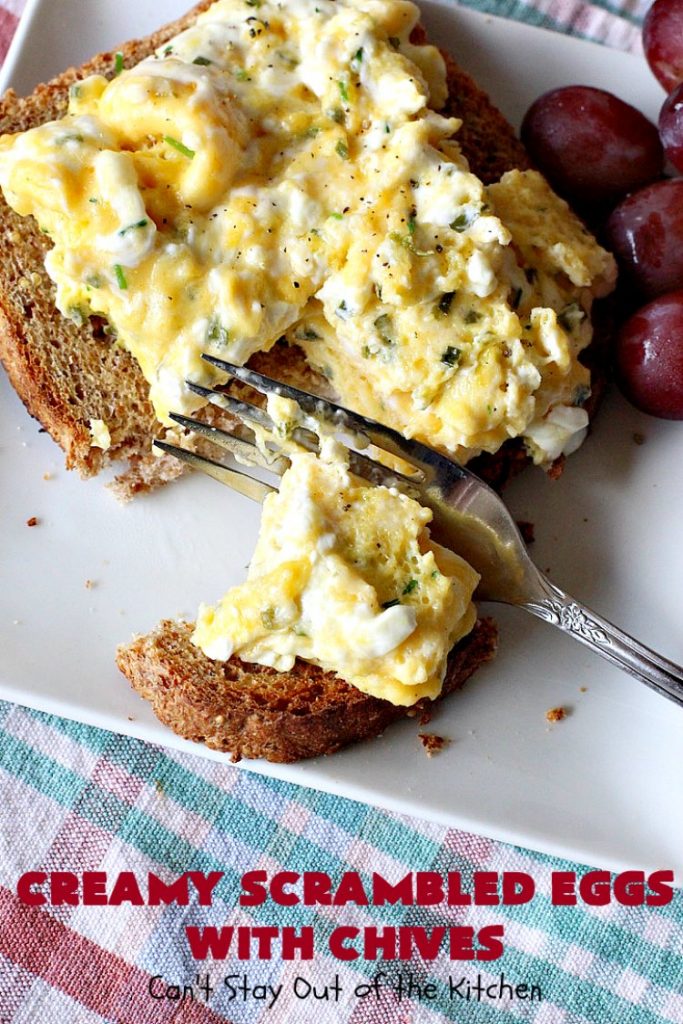 Creamy Scrambled Eggs with Chives | Can't Stay Out of the Kitchen | this outstanding #GooseberryPatch #recipe is marvelous for a weekend, company or #holiday #breakfast. #ScrambledEggs are filled with #CreamCheese & chives. Then served over toast. These creamy #eggs are easy to prepare & so delicious. #brunch #HolidayBreakfast #CreamyScrambledEggsWithChives