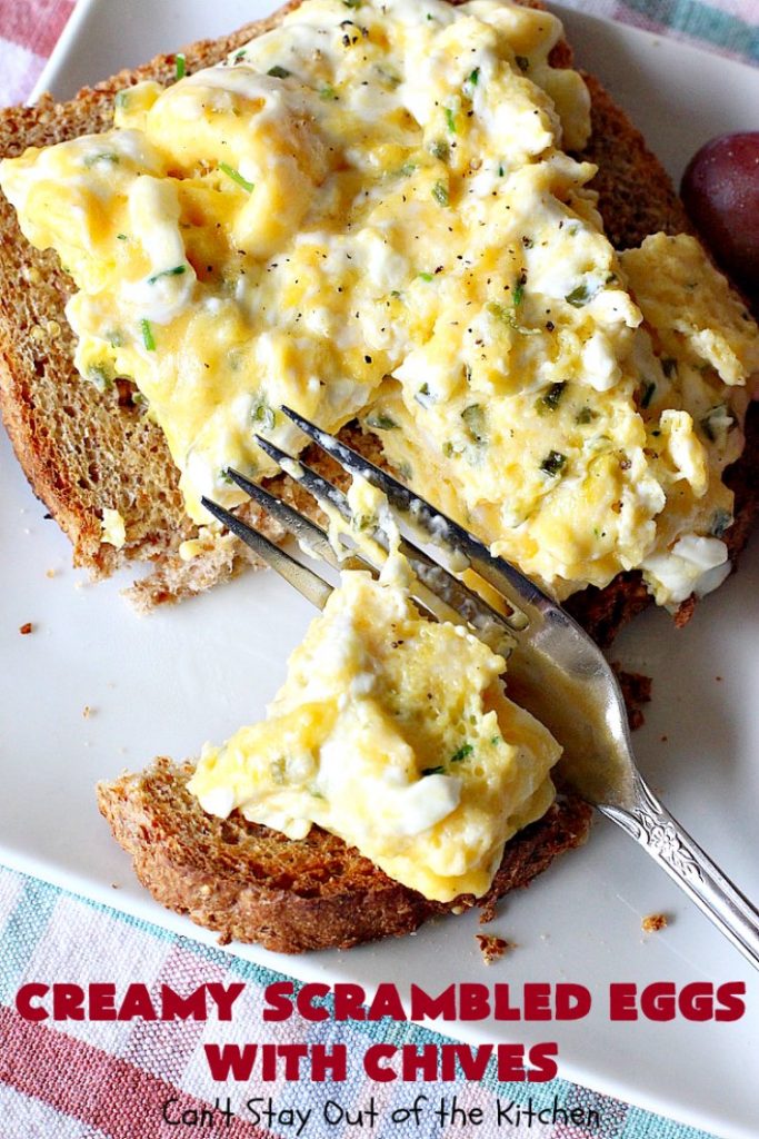 Creamy Scrambled Eggs with Chives | Can't Stay Out of the Kitchen | this outstanding #GooseberryPatch #recipe is marvelous for a weekend, company or #holiday #breakfast. #ScrambledEggs are filled with #CreamCheese & chives. Then served over toast. These creamy #eggs are easy to prepare & so delicious. #brunch #HolidayBreakfast #CreamyScrambledEggsWithChives