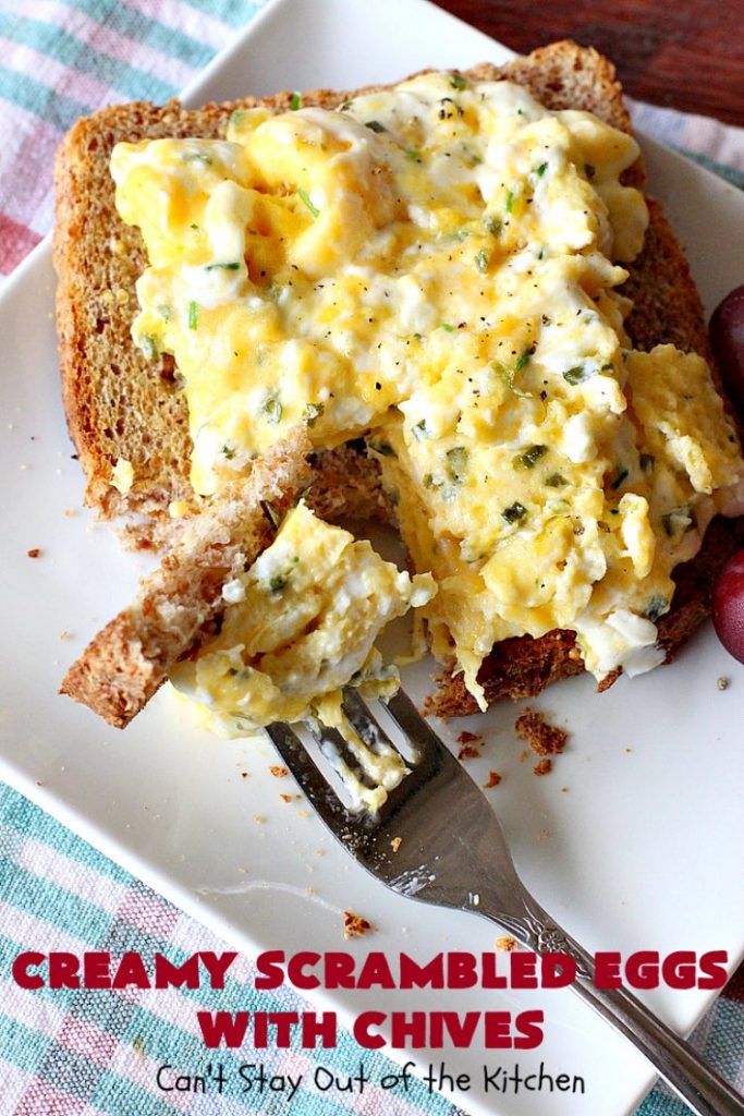 Creamy Scrambled Eggs with Chives | Can't Stay Out of the Kitchen | this outstanding #GooseberryPatch #recipe is marvelous for a weekend, company or #holiday #breakfast. #ScrambledEggs are filled with #CreamCheese & chives. Then served over toast. These creamy #eggs are easy to prepare & so delicious. #brunch #HolidayBreakfast #CreamyScrambledEggsWithChives