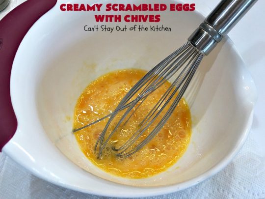 Creamy Scrambled Eggs with Chives | Can't Stay Out of the Kitchen | this outstanding #GooseberryPatch #recipe is marvelous for a weekend, company or #holiday #breakfast. #ScrambledEggs are filled with #CreamCheese & chives. Then served over toast. These creamy #eggs are easy to prepare & so delicious. #brunch #HolidayBreakfast #CreamyScrambledEggsWithChives