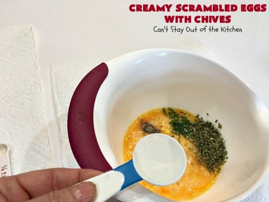 Creamy Scrambled Eggs with Chives | Can't Stay Out of the Kitchen | this outstanding #GooseberryPatch #recipe is marvelous for a weekend, company or #holiday #breakfast. #ScrambledEggs are filled with #CreamCheese & chives. Then served over toast. These creamy #eggs are easy to prepare & so delicious. #brunch #HolidayBreakfast #CreamyScrambledEggsWithChives