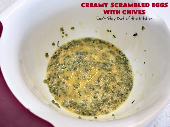 Creamy Scrambled Eggs with Chives | Can't Stay Out of the Kitchen | this outstanding #GooseberryPatch #recipe is marvelous for a weekend, company or #holiday #breakfast. #ScrambledEggs are filled with #CreamCheese & chives. Then served over toast. These creamy #eggs are easy to prepare & so delicious. #brunch #HolidayBreakfast #CreamyScrambledEggsWithChives