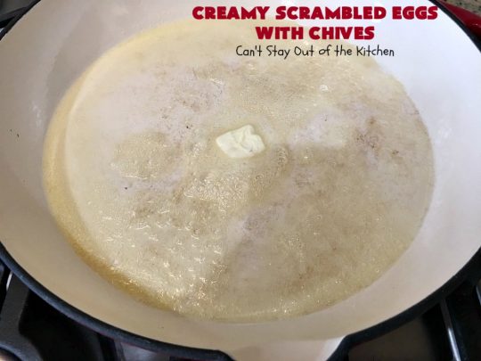 Creamy Scrambled Eggs with Chives | Can't Stay Out of the Kitchen | this outstanding #GooseberryPatch #recipe is marvelous for a weekend, company or #holiday #breakfast. #ScrambledEggs are filled with #CreamCheese & chives. Then served over toast. These creamy #eggs are easy to prepare & so delicious. #brunch #HolidayBreakfast #CreamyScrambledEggsWithChives