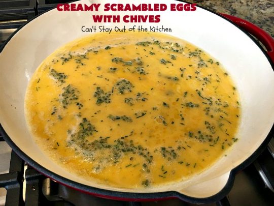 Creamy Scrambled Eggs with Chives | Can't Stay Out of the Kitchen | this outstanding #GooseberryPatch #recipe is marvelous for a weekend, company or #holiday #breakfast. #ScrambledEggs are filled with #CreamCheese & chives. Then served over toast. These creamy #eggs are easy to prepare & so delicious. #brunch #HolidayBreakfast #CreamyScrambledEggsWithChives
