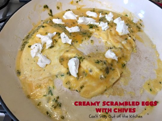 Creamy Scrambled Eggs with Chives | Can't Stay Out of the Kitchen | this outstanding #GooseberryPatch #recipe is marvelous for a weekend, company or #holiday #breakfast. #ScrambledEggs are filled with #CreamCheese & chives. Then served over toast. These creamy #eggs are easy to prepare & so delicious. #brunch #HolidayBreakfast #CreamyScrambledEggsWithChives