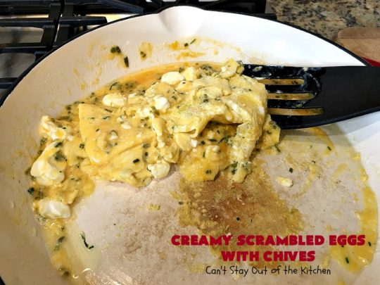 Creamy Scrambled Eggs with Chives | Can't Stay Out of the Kitchen | this outstanding #GooseberryPatch #recipe is marvelous for a weekend, company or #holiday #breakfast. #ScrambledEggs are filled with #CreamCheese & chives. Then served over toast. These creamy #eggs are easy to prepare & so delicious. #brunch #HolidayBreakfast #CreamyScrambledEggsWithChives