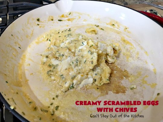 Creamy Scrambled Eggs with Chives | Can't Stay Out of the Kitchen | this outstanding #GooseberryPatch #recipe is marvelous for a weekend, company or #holiday #breakfast. #ScrambledEggs are filled with #CreamCheese & chives. Then served over toast. These creamy #eggs are easy to prepare & so delicious. #brunch #HolidayBreakfast #CreamyScrambledEggsWithChives