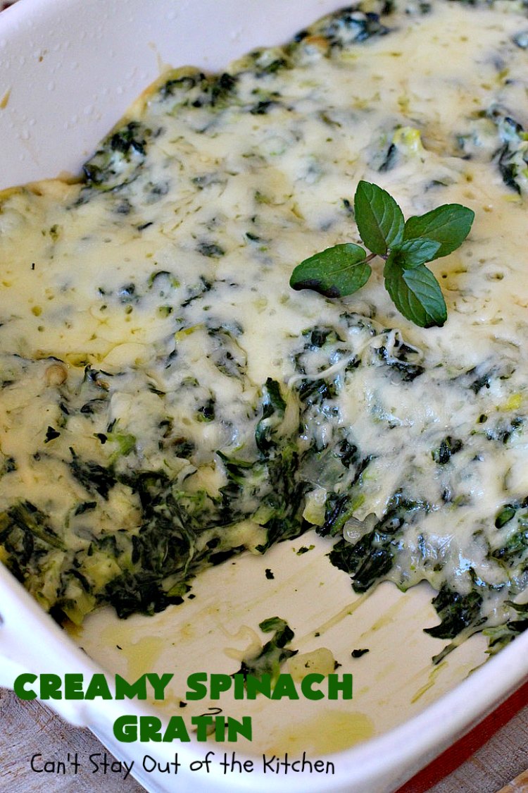 Creamy Spinach Gratin | Can't Stay Out of the Kitchen | Fantastic & mouthwatering #Spinach #casserole with #Parmesan & #GruyereCheese. My favorite #SpinachSideDish for company or #holiday meals. #GlutenFree #CreamySpinachGratin