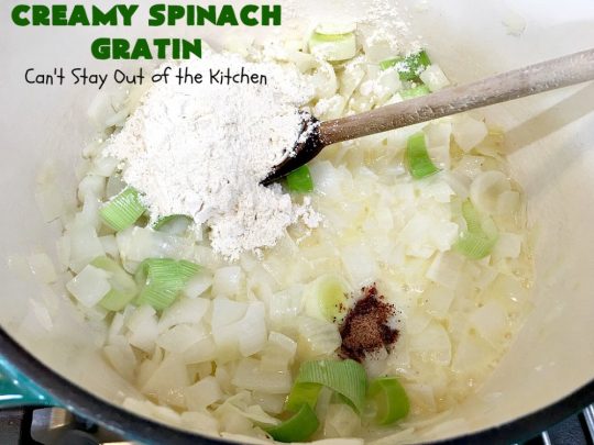 Creamy Spinach Gratin | Can't Stay Out of the Kitchen | Fantastic & mouthwatering #Spinach #casserole with #Parmesan & #GruyereCheese. My favorite #SpinachSideDish for company or #holiday meals. #GlutenFree #CreamySpinachGratin
