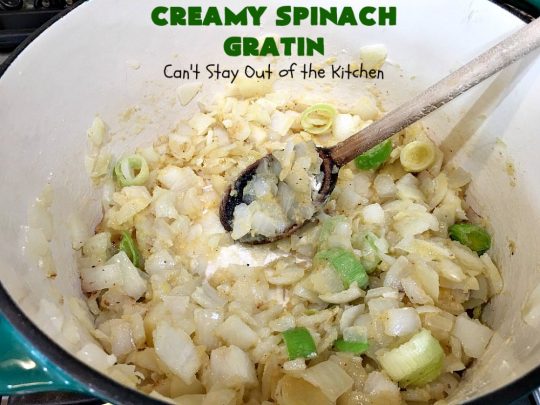 Creamy Spinach Gratin | Can't Stay Out of the Kitchen | Fantastic & mouthwatering #Spinach #casserole with #Parmesan & #GruyereCheese. My favorite #SpinachSideDish for company or #holiday meals. #GlutenFree #CreamySpinachGratin