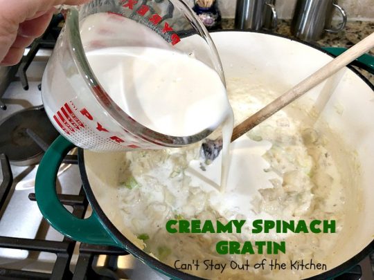 Creamy Spinach Gratin | Can't Stay Out of the Kitchen | Fantastic & mouthwatering #Spinach #casserole with #Parmesan & #GruyereCheese. My favorite #SpinachSideDish for company or #holiday meals. #GlutenFree #CreamySpinachGratin