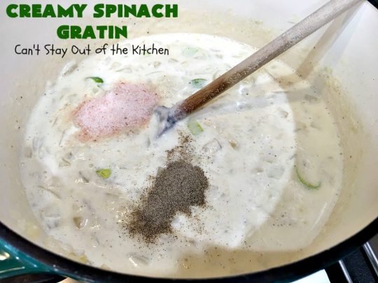 Creamy Spinach Gratin | Can't Stay Out of the Kitchen | Fantastic & mouthwatering #Spinach #casserole with #Parmesan & #GruyereCheese. My favorite #SpinachSideDish for company or #holiday meals. #GlutenFree #CreamySpinachGratin