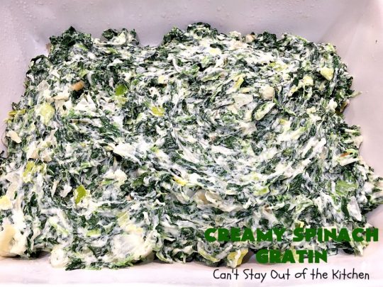 Creamy Spinach Gratin | Can't Stay Out of the Kitchen | Fantastic & mouthwatering #Spinach #casserole with #Parmesan & #GruyereCheese. My favorite #SpinachSideDish for company or #holiday meals. #GlutenFree #CreamySpinachGratin