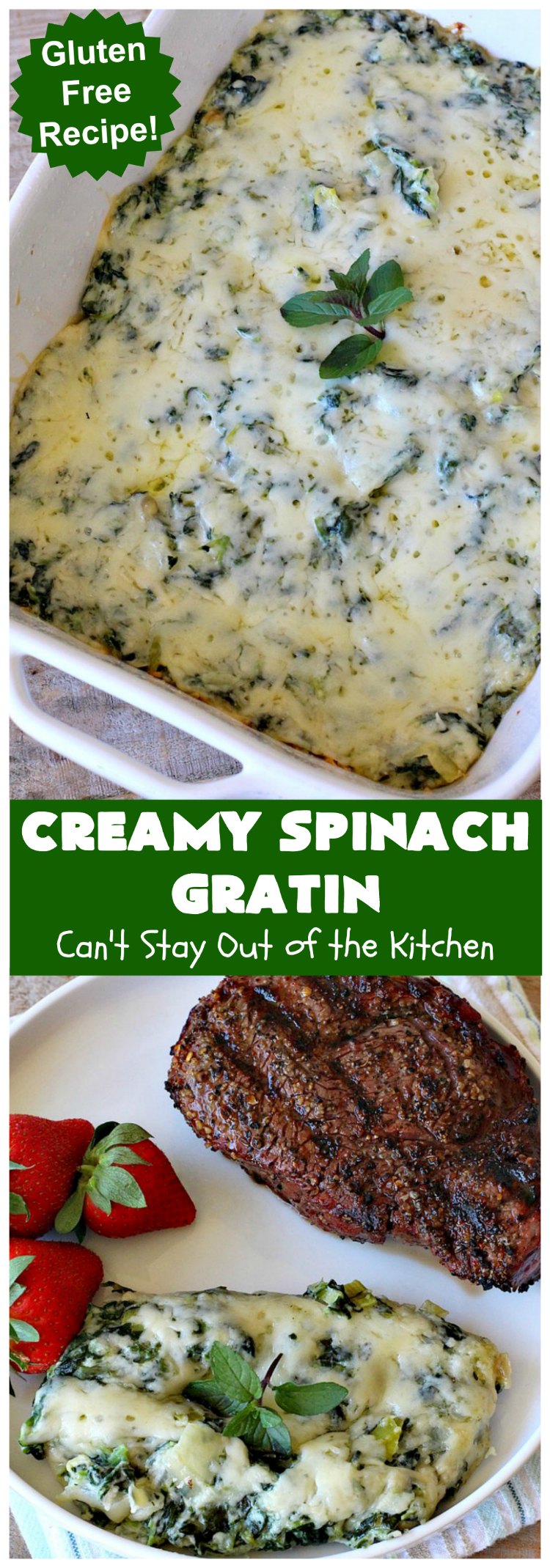 Creamy Spinach Gratin | Can't Stay Out of the Kitchen | Fantastic & mouthwatering #Spinach #casserole with #Parmesan & #GruyereCheese. My favorite #SpinachSideDish for company or #holiday meals. #GlutenFree #CreamySpinachGratin