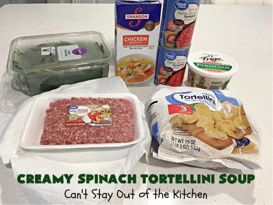 Creamy Spinach Tortellini Soup | Can't Stay Out of the Kitchen | this fantastic #soup uses only about a handful of ingredients but it cooks up into one of the most delicious #ComfortFood #recipes ever! This mouthwatering soup is so easy since it's made in the #SlowCooker! Great for cool nights or lunches. #spinach #tortellini #tomatoes #CreamCheese #ItalianSausage #pork #CreamySpinachTortelliniSoup